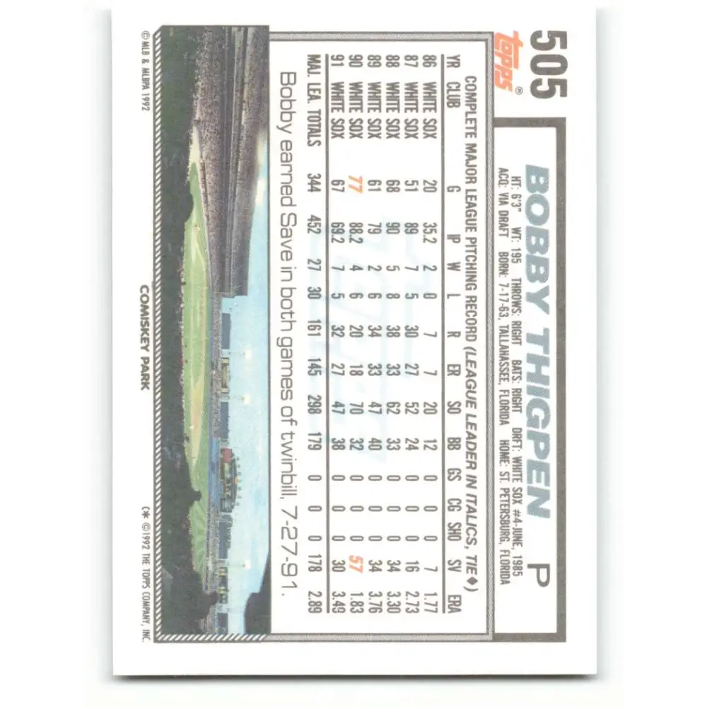 1992 Topps #505 Bobby Thigpen NM-MT Chicago White Sox Baseball Card  Image 2
