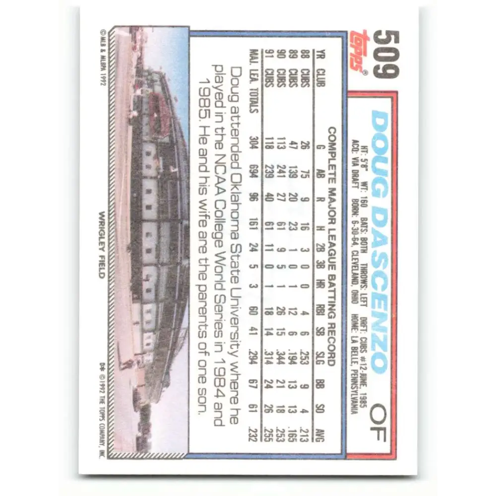 1992 Topps #509 Doug Dascenzo NM-MT Chicago Cubs Baseball Card  Image 2
