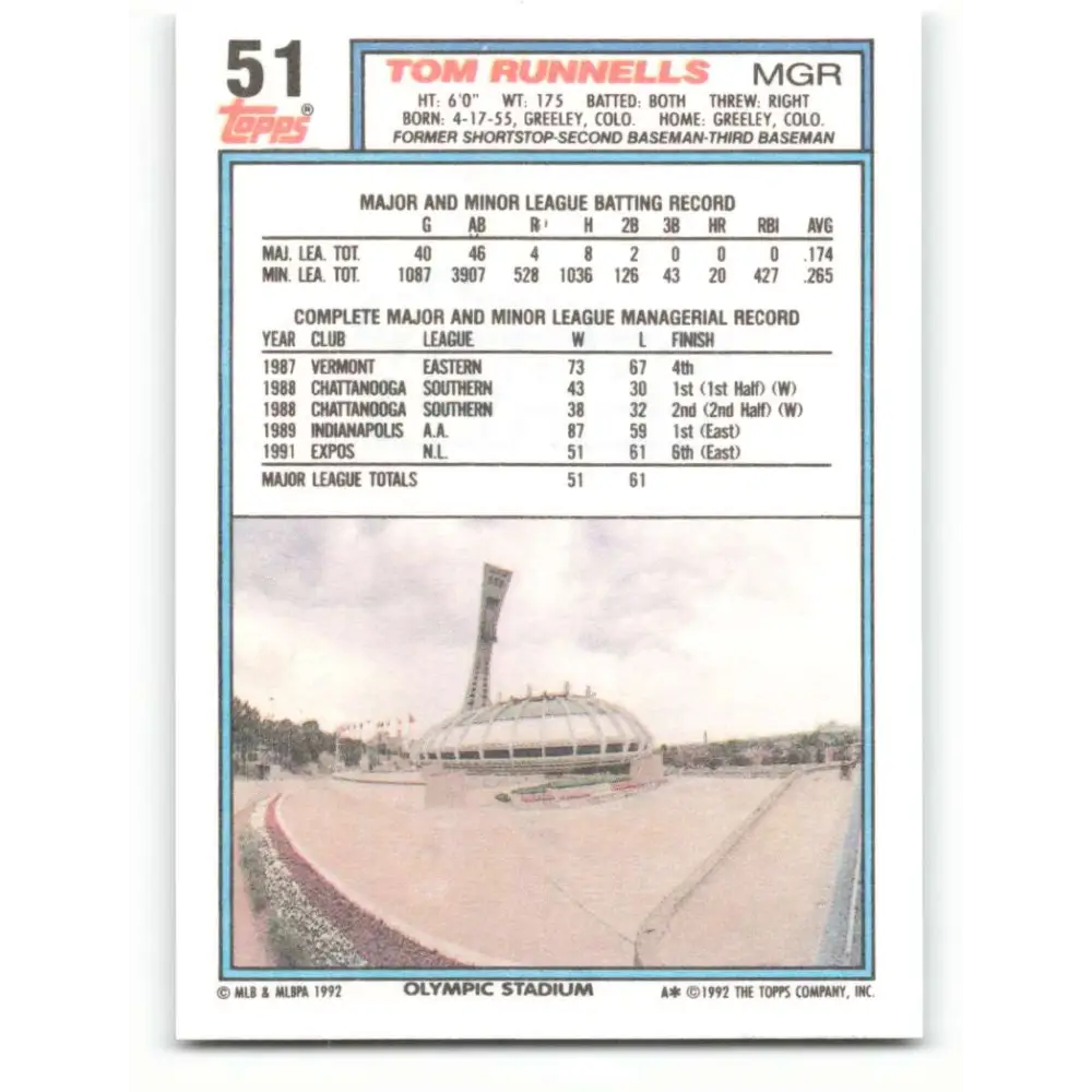 1992 Topps #51 Tom Runnells NM-MT Montreal Expos Baseball Card  Image 2