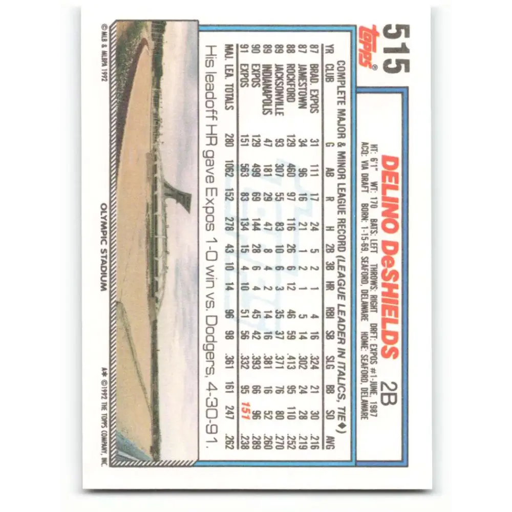 1992 Topps #515 Delino DeShields NM-MT Montreal Expos Baseball Card  Image 2