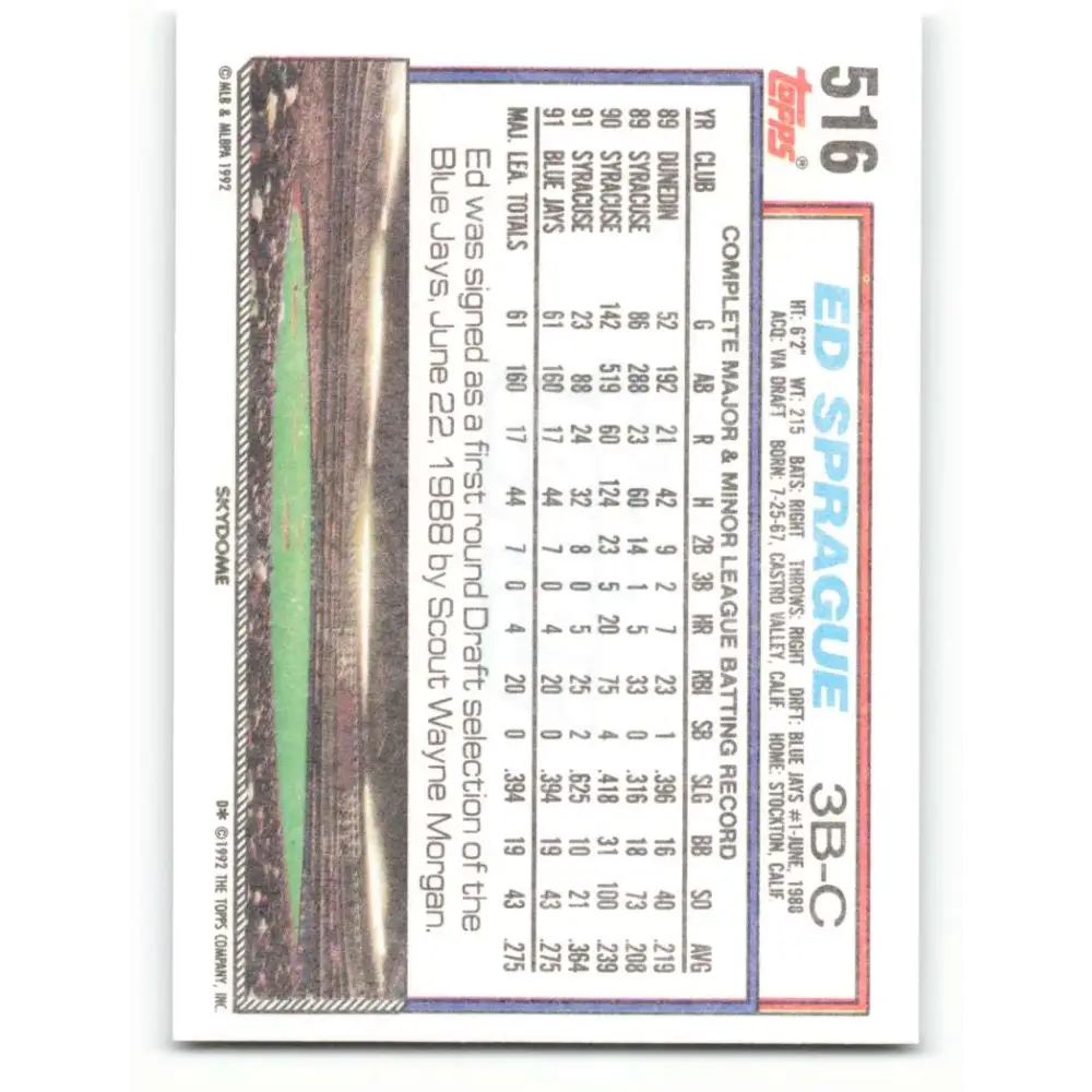 1992 Topps #516 Ed Sprague NM-MT Toronto Blue Jays Baseball Card  Image 2