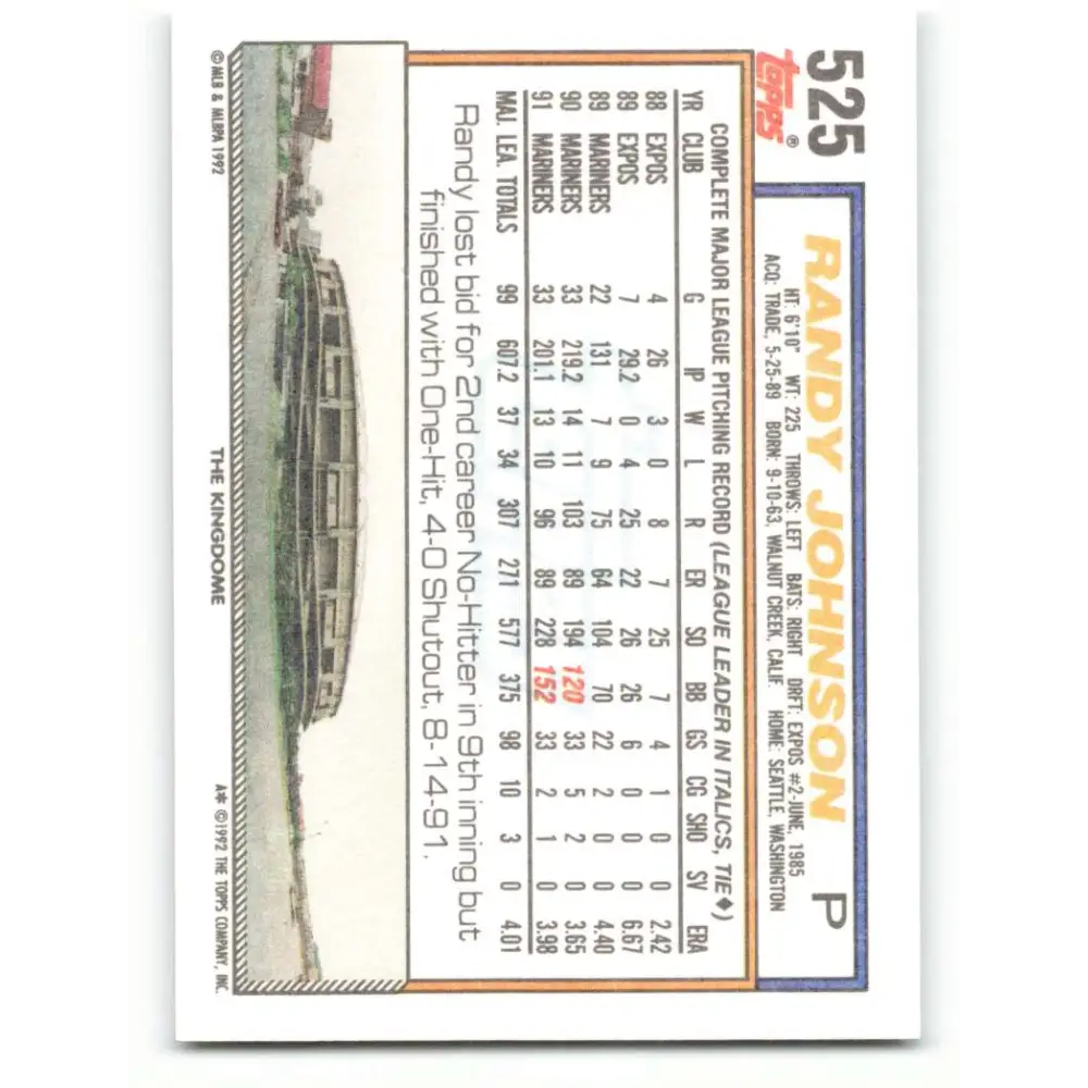 1992 Topps #525 Randy Johnson NM-MT Seattle Mariners Baseball Card  Image 2