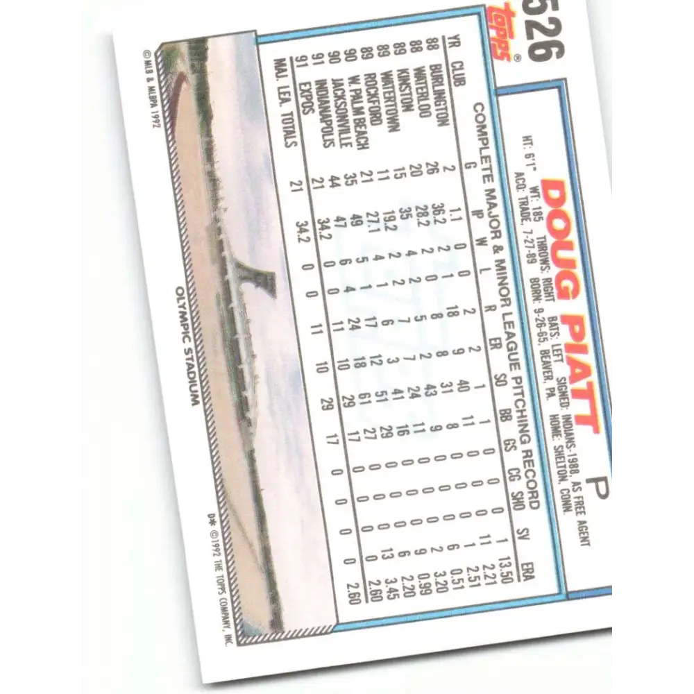 1992 Topps #526 Doug Piatt NM-MT Montreal Expos Baseball Card  Image 2