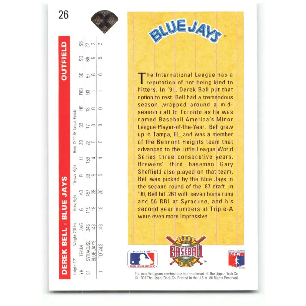 1992 Upper Deck #26 Derek Bell NM-MT Toronto Blue Jays Baseball Card Image 2