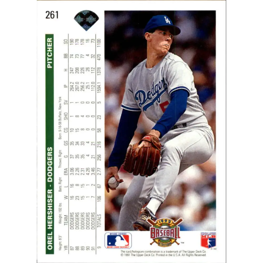 1992 Upper Deck #261 Orel Hershiser NM-MT Los Angeles Dodgers Baseball Card Image 2