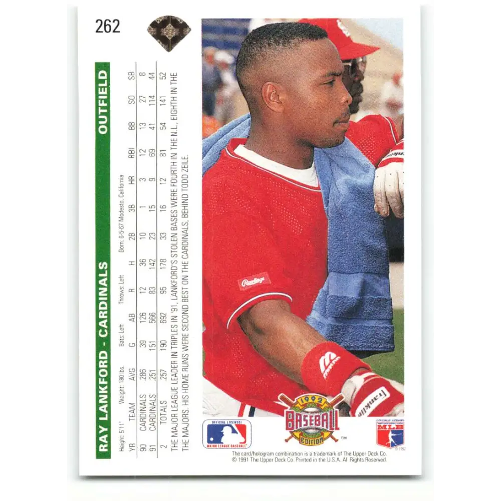 1992 Upper Deck #262 Ray Lankford NM-MT St. Louis Cardinals Baseball Card Image 2