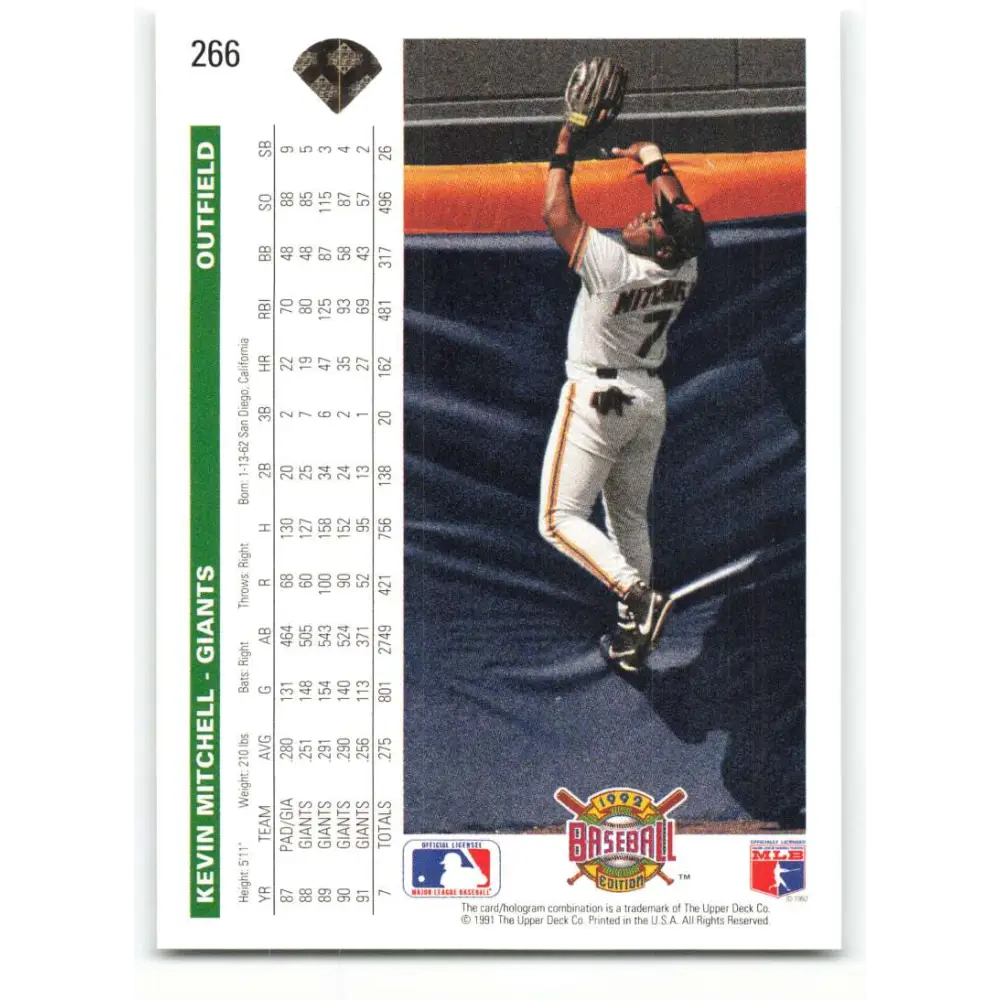 1992 Upper Deck #266 Kevin Mitchell NM-MT San Francisco Giants Baseball Card Image 2