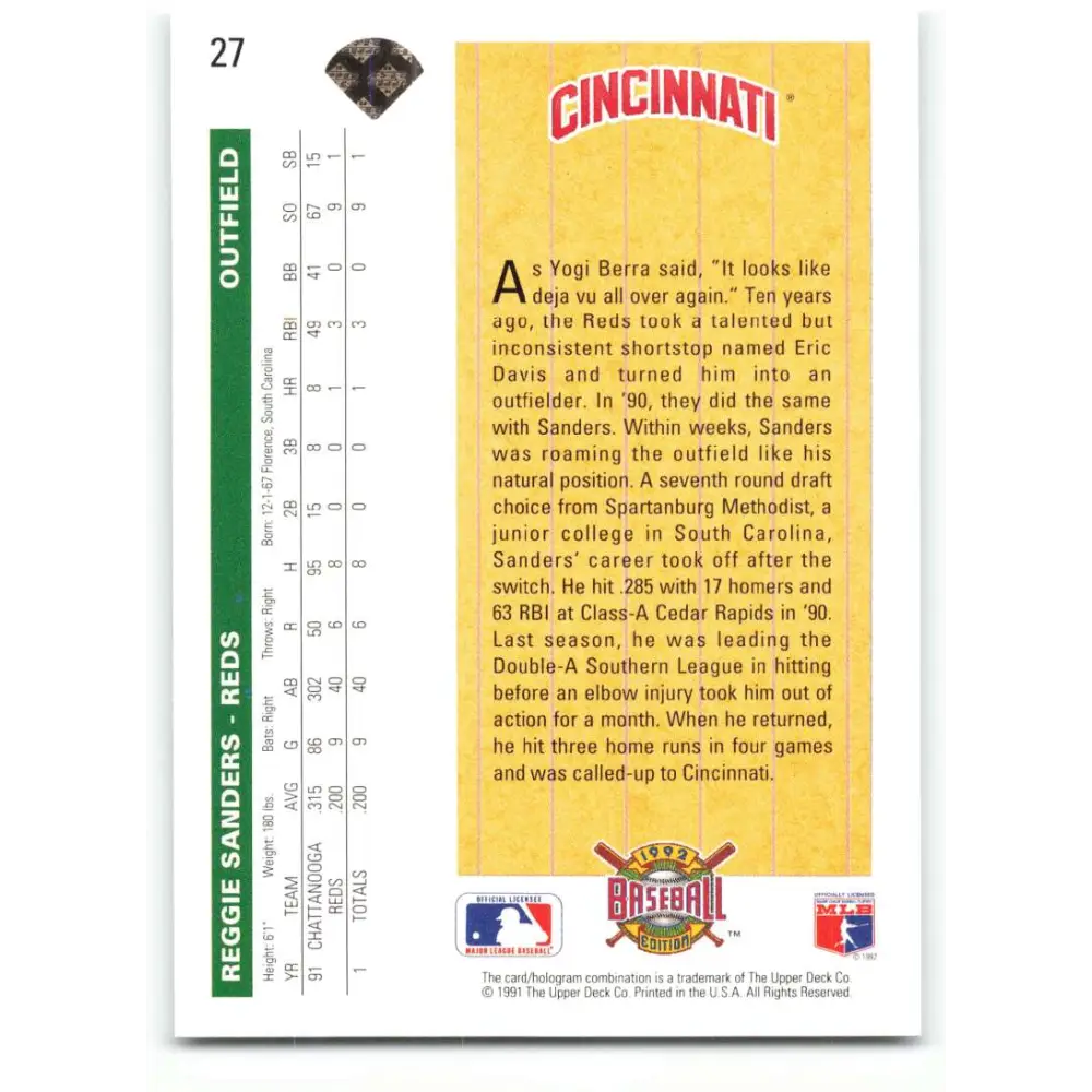 1992 Upper Deck #27 Reggie Sanders NM-MT Cincinnati Reds Baseball Card Image 2