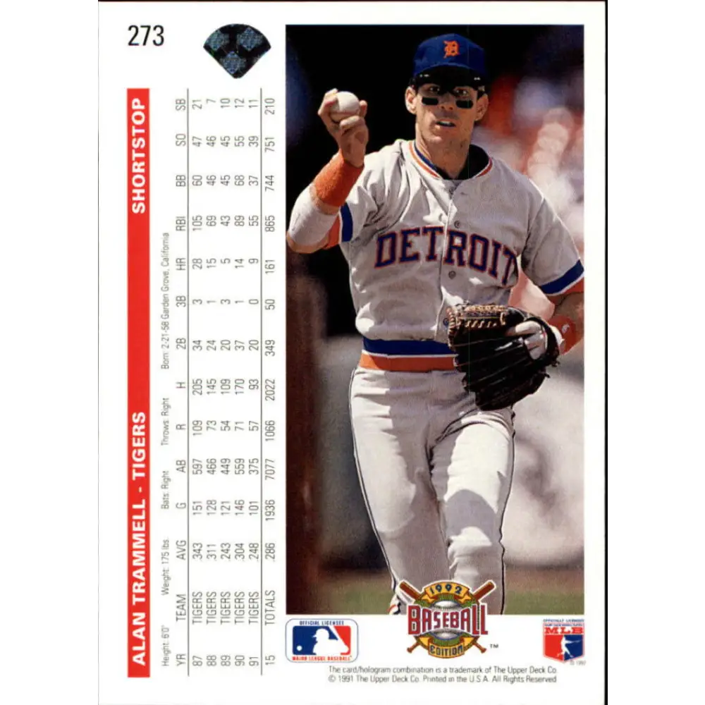 1992 Upper Deck #273 Alan Trammell NM-MT Detroit Tigers Baseball Card Image 2