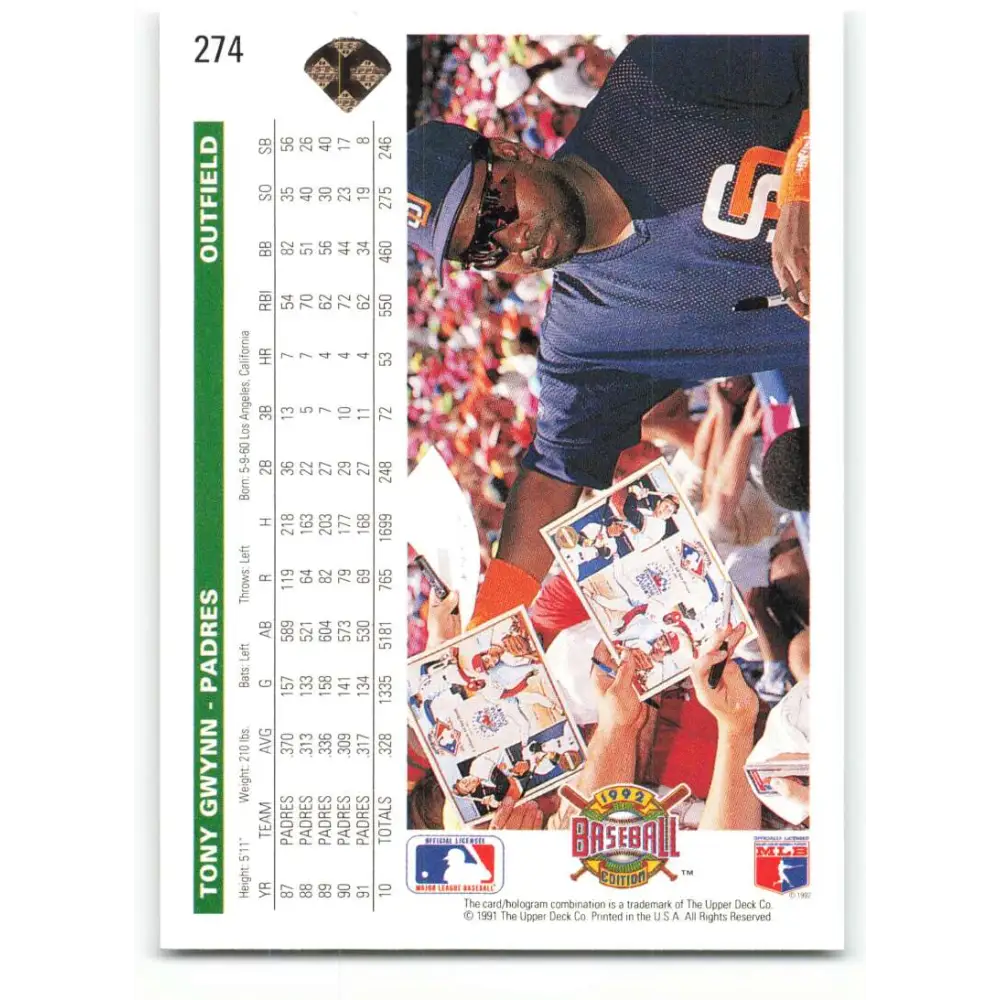 1992 Upper Deck #274 Tony Gwynn NM-MT San Diego Padres Baseball Card Image 2