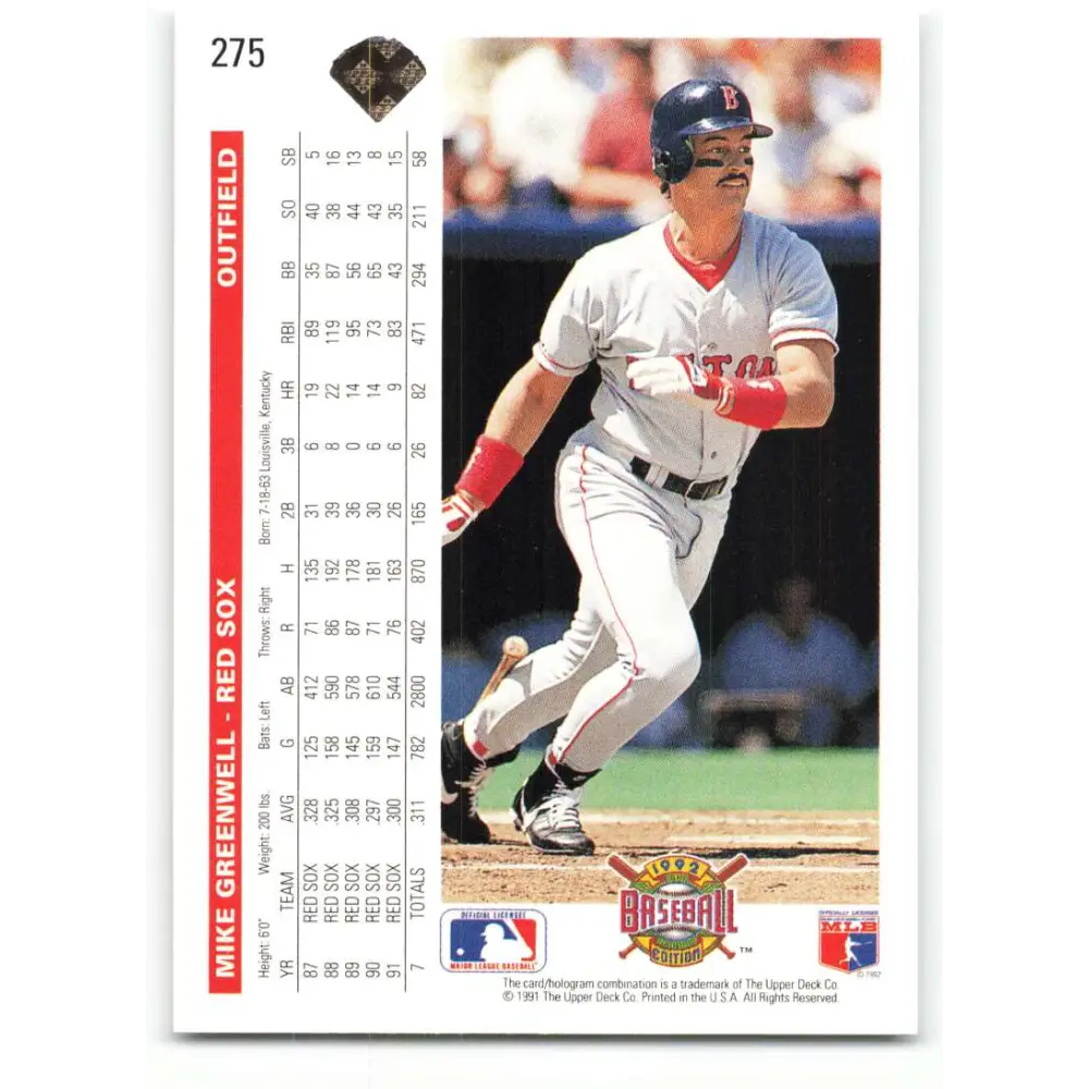 1992 Upper Deck #275 Mike Greenwell NM-MT Boston Red Sox Baseball Card Image 2