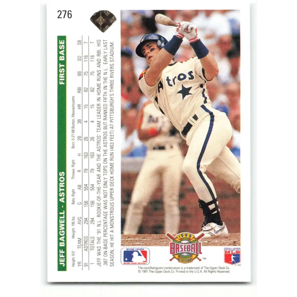 1992 Upper Deck #276 Jeff Bagwell NM-MT Houston Astros Baseball Card Image 2