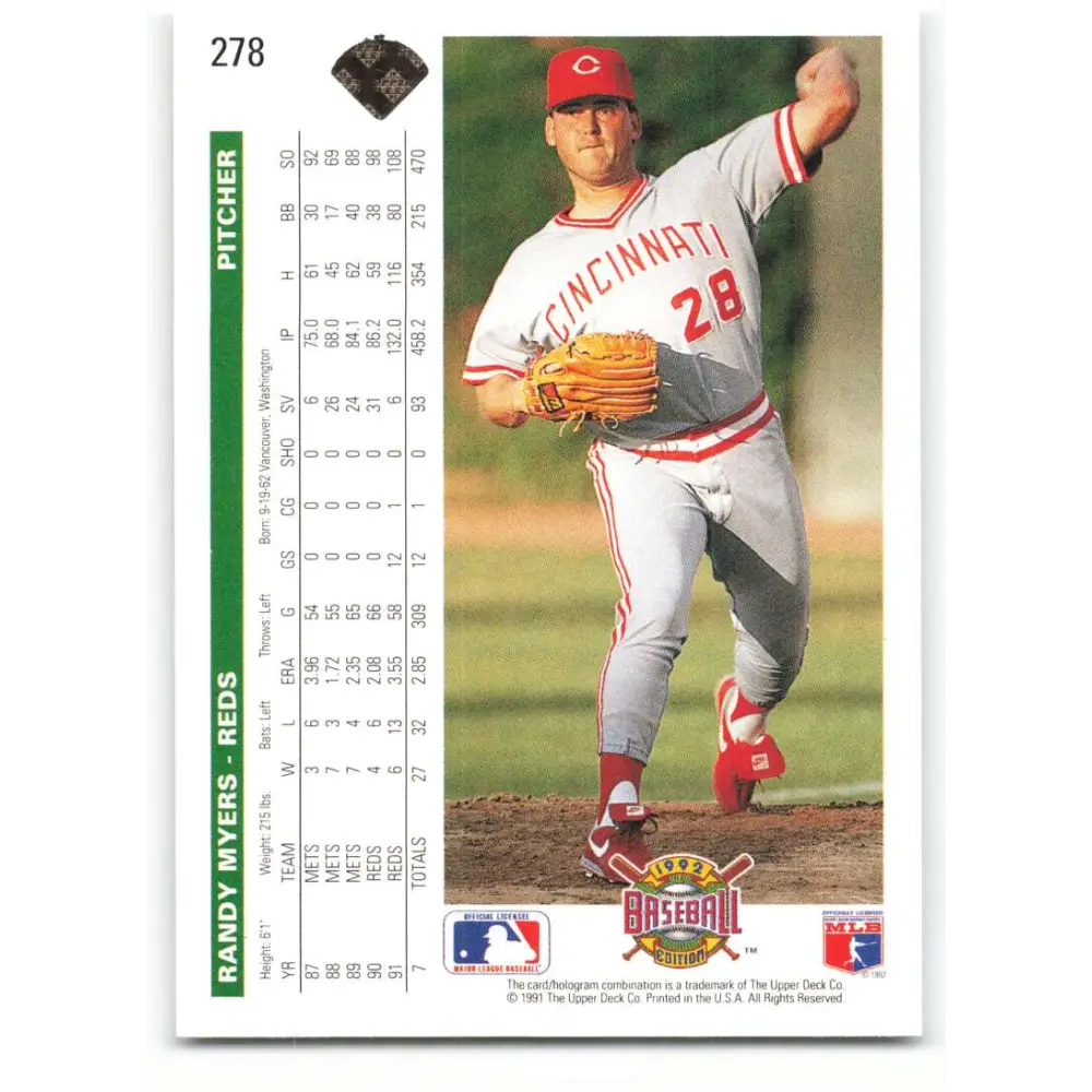 1992 Upper Deck #278 Randy Myers NM-MT Cincinnati Reds Baseball Card Image 2