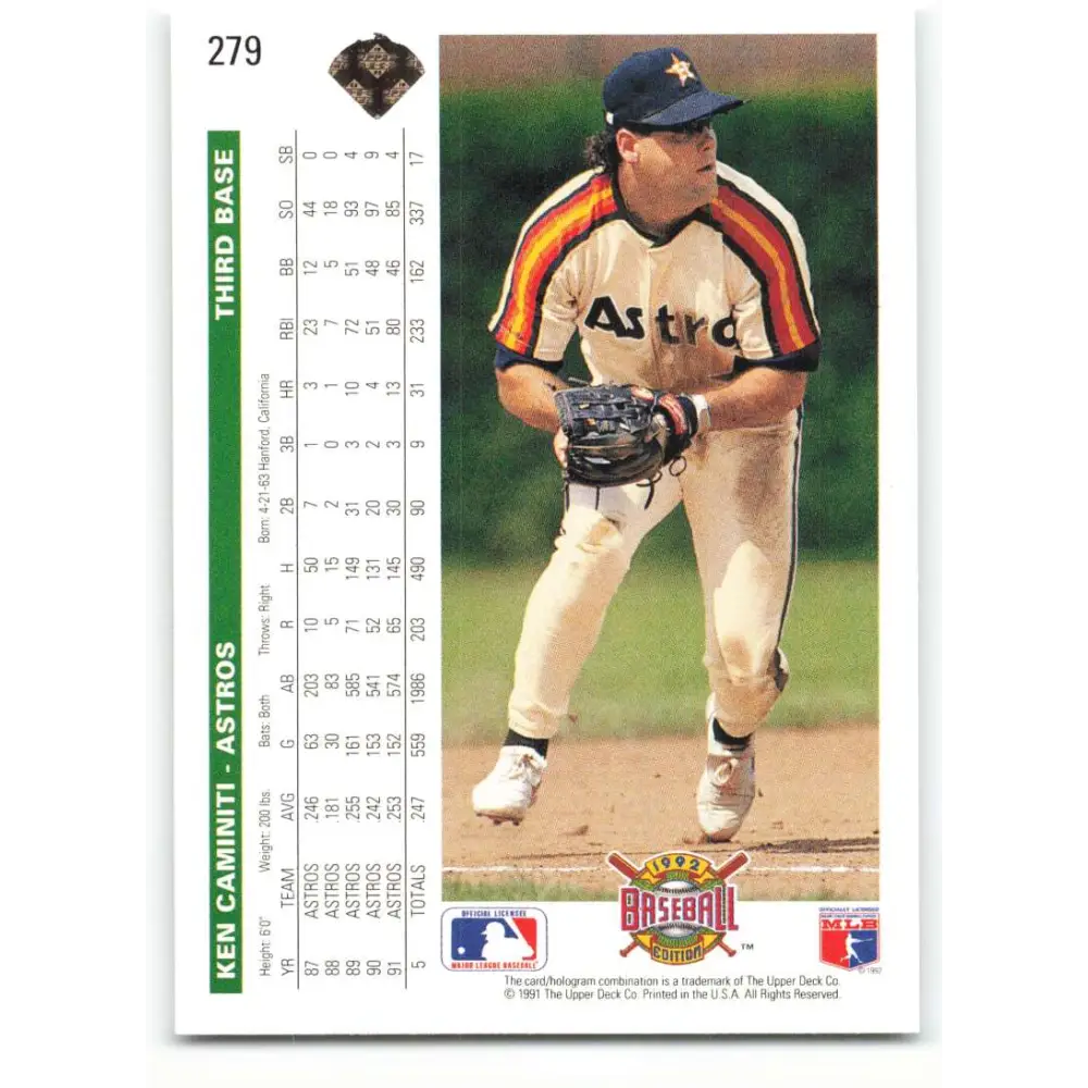 1992 Upper Deck #279 Ken Caminiti NM-MT Houston Astros Baseball Card Image 2