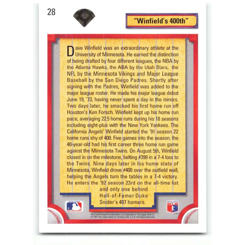 1992 Upper Deck #28 Dave Winfield NM-MT California Angels/San Diego Padres/New York Yankees Baseball Card Image 2