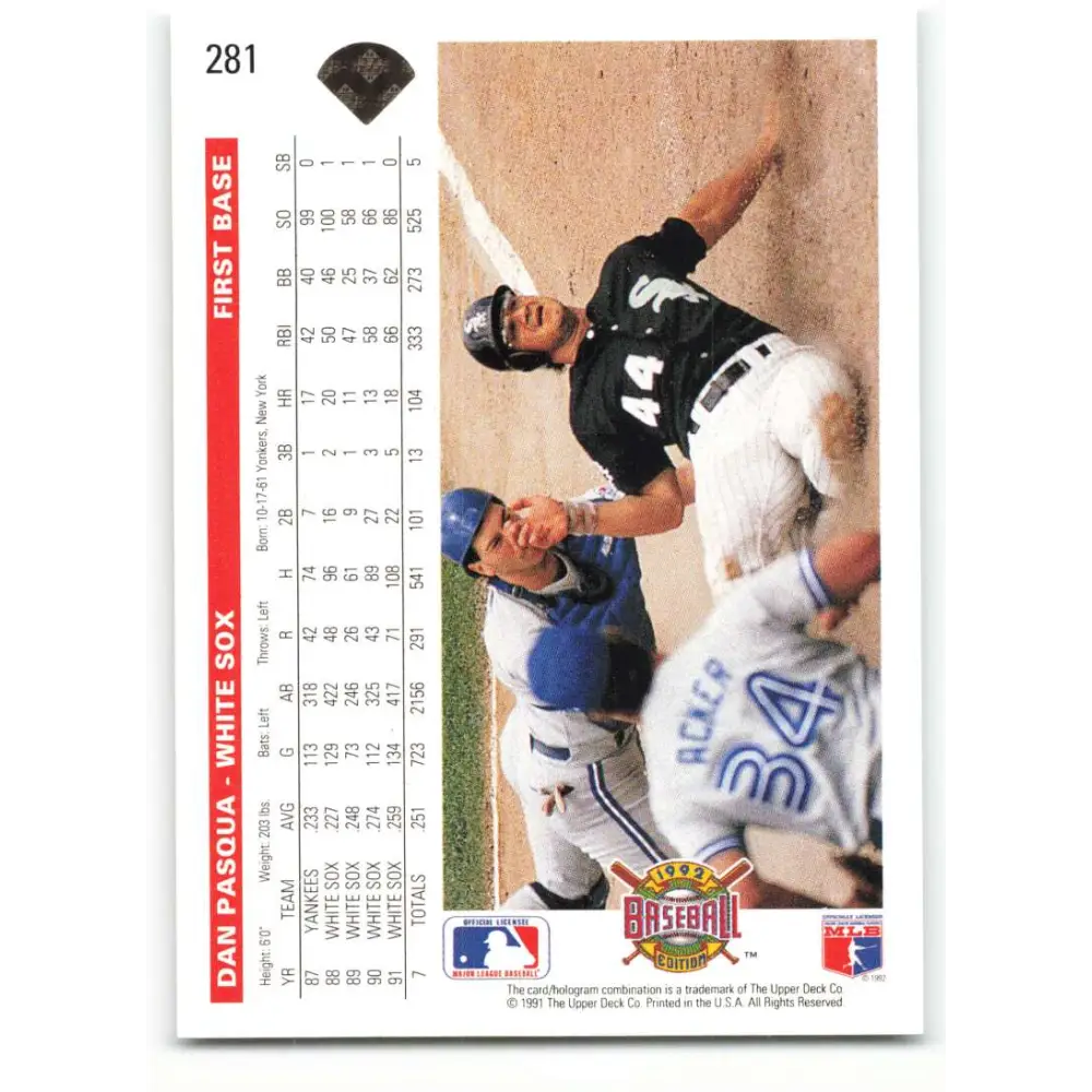 1992 Upper Deck #281 Dan Pasqua NM-MT Chicago White Sox Baseball Card Image 2
