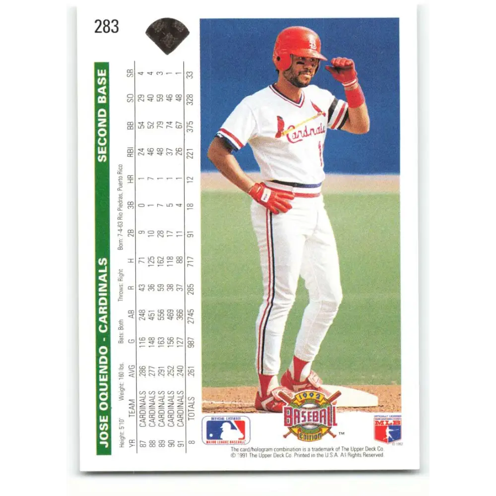 1992 Upper Deck #283 Jose Oquendo NM-MT St. Louis Cardinals Baseball Card Image 2