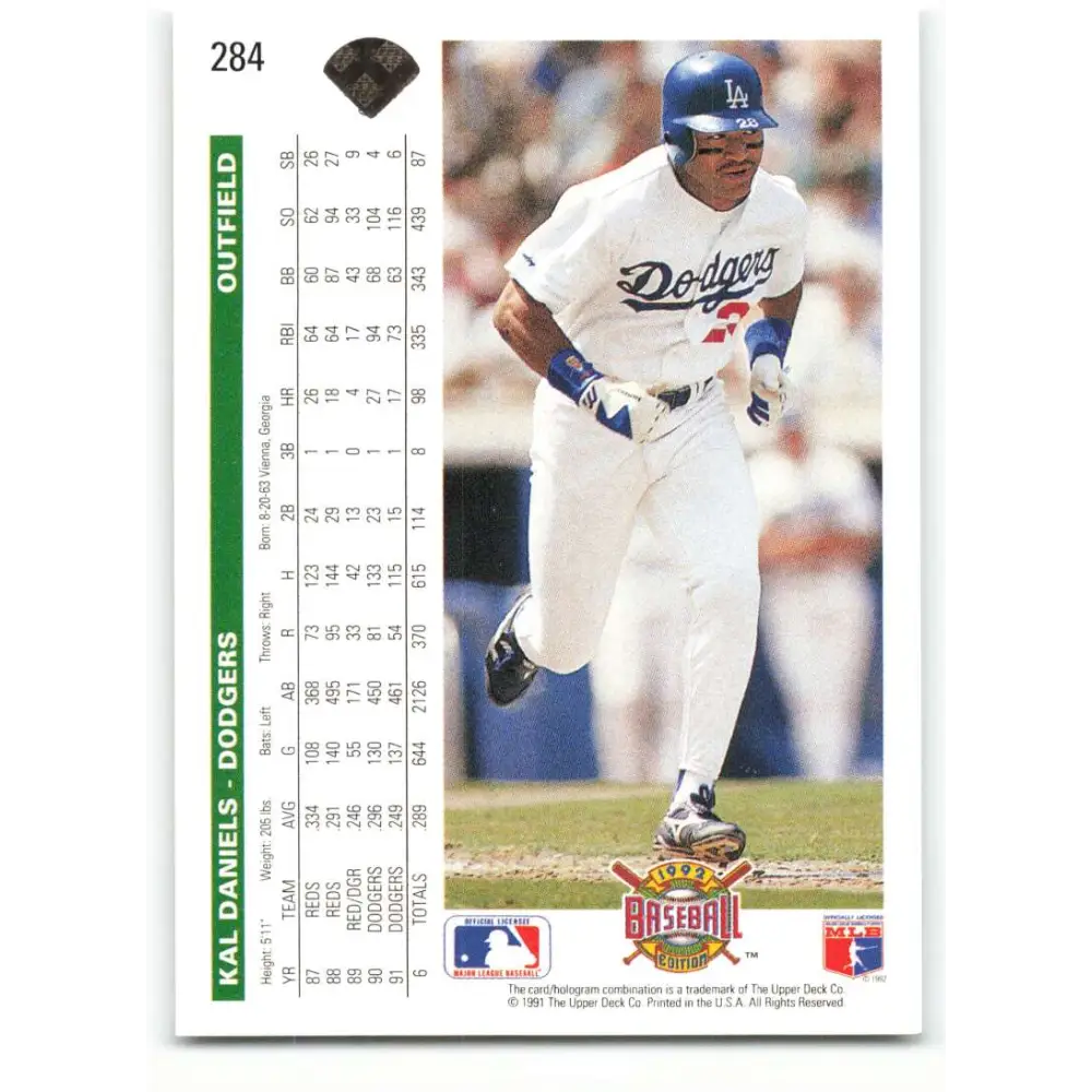 1992 Upper Deck #284 Kal Daniels NM-MT Los Angeles Dodgers Baseball Card Image 2