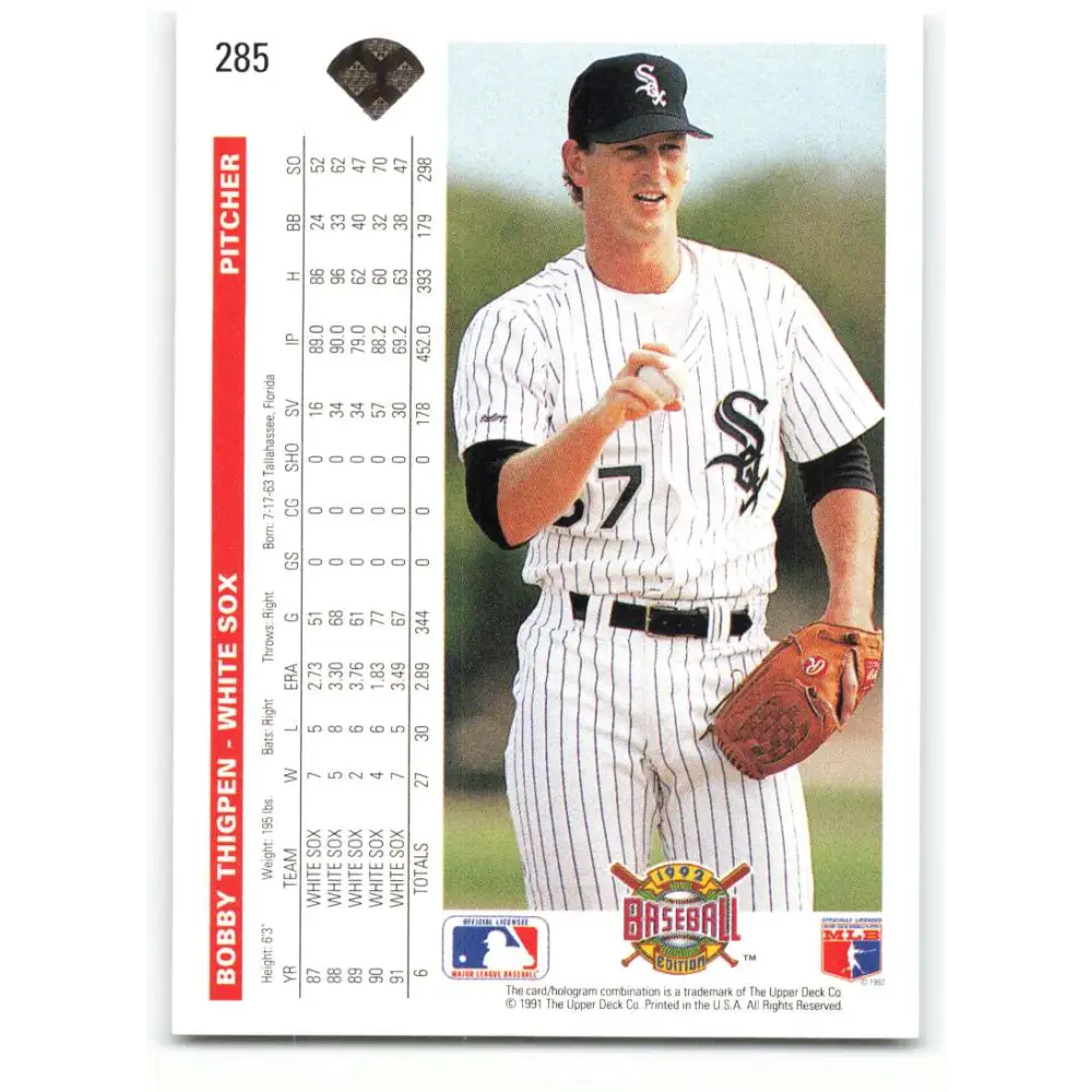 1992 Upper Deck #285 Bobby Thigpen NM-MT Chicago White Sox Baseball Card Image 2