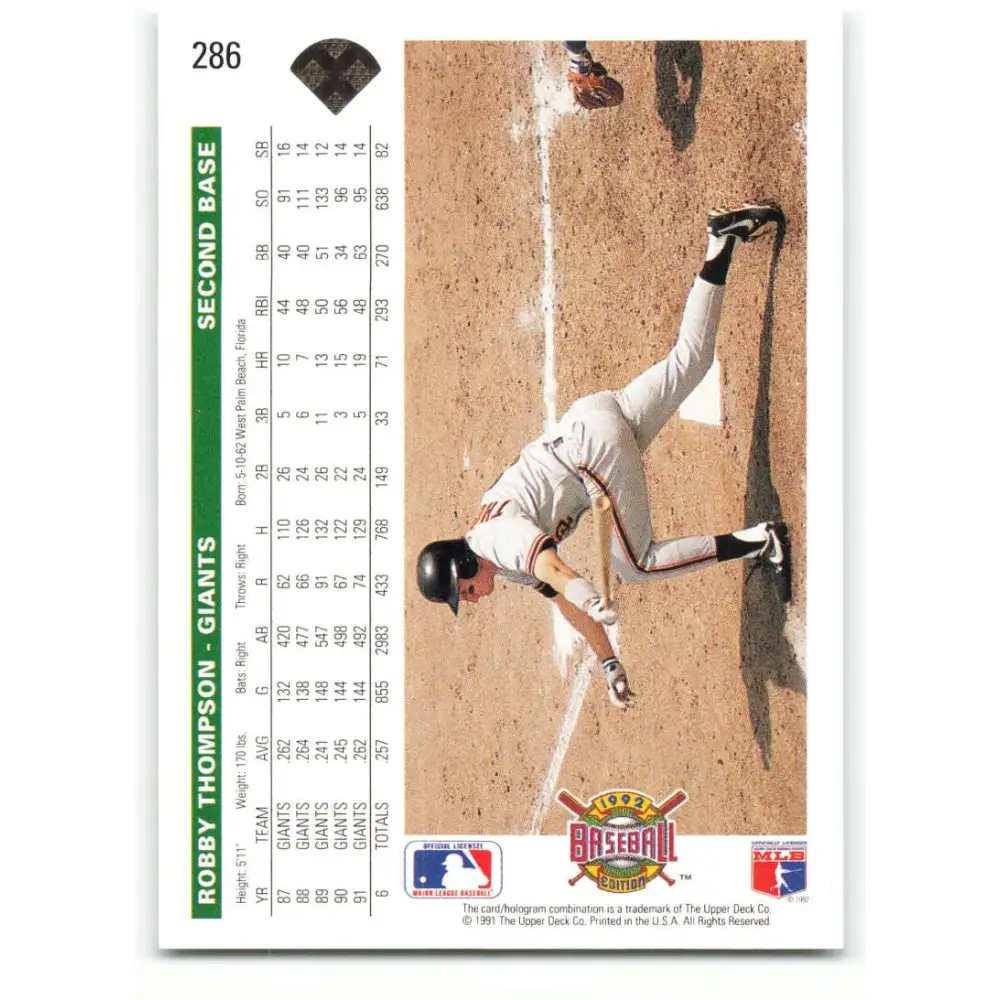 1992 Upper Deck #286 Robby Thompson NM-MT San Francisco Giants Baseball Card Image 2