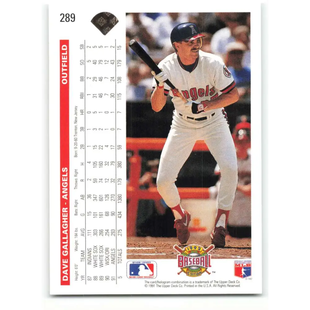 1992 Upper Deck #289 Dave Gallagher NM-MT California Angels Baseball Card Image 2