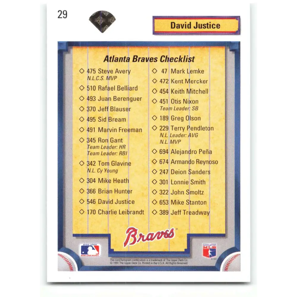 1992 Upper Deck #29 David Justice TC NM-MT Atlanta Braves Baseball Card Image 2