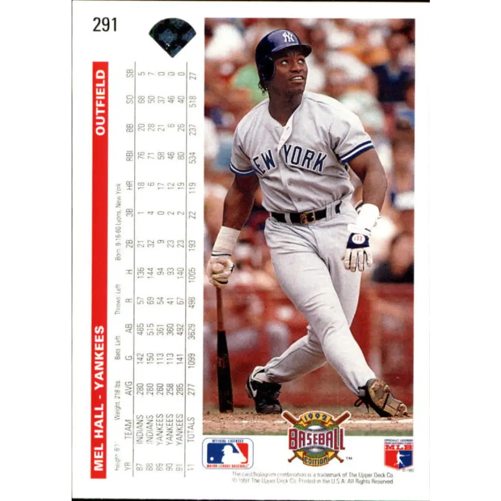 1992 Upper Deck #291 Mel Hall NM-MT New York Yankees Baseball Card Image 2