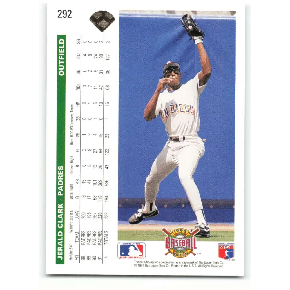 1992 Upper Deck #292 Jerald Clark NM-MT San Diego Padres Baseball Card Image 2