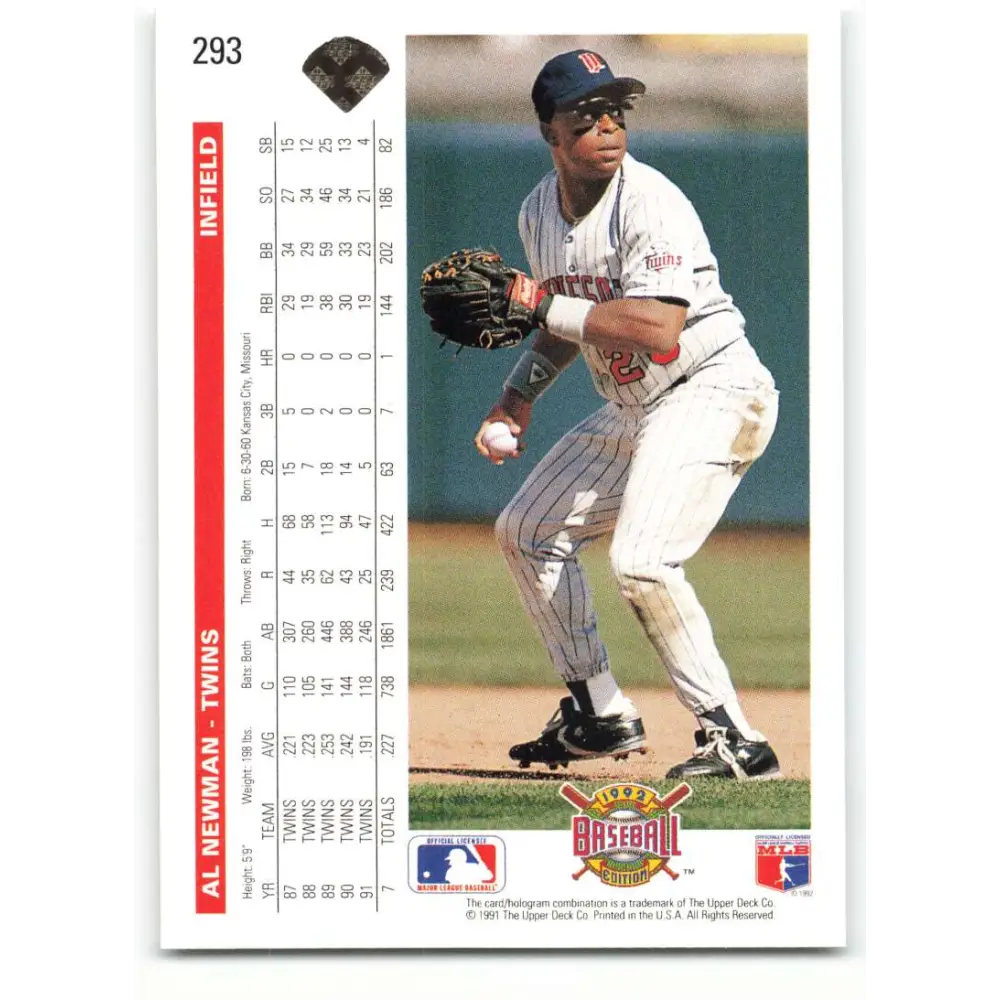 1992 Upper Deck #293 Al Newman NM-MT Minnesota Twins Baseball Card Image 2