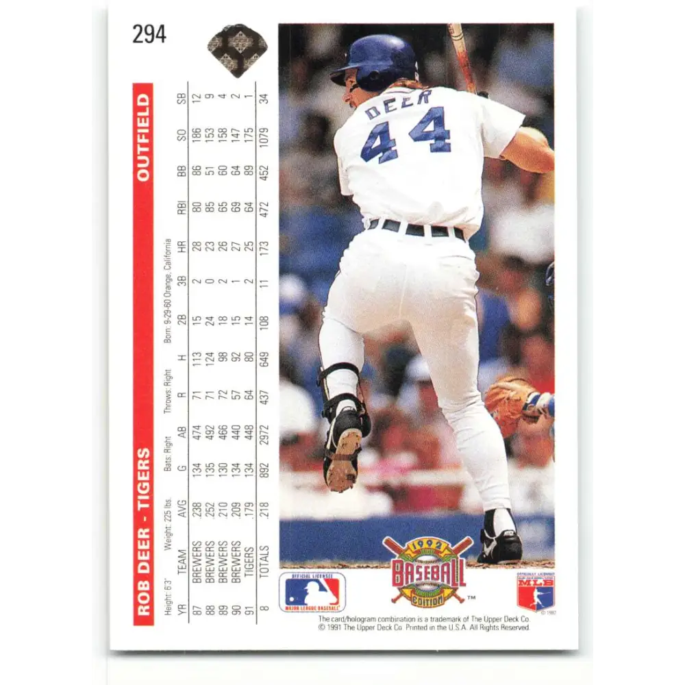 1992 Upper Deck #294 Rob Deer NM-MT Detroit Tigers Baseball Card Image 2