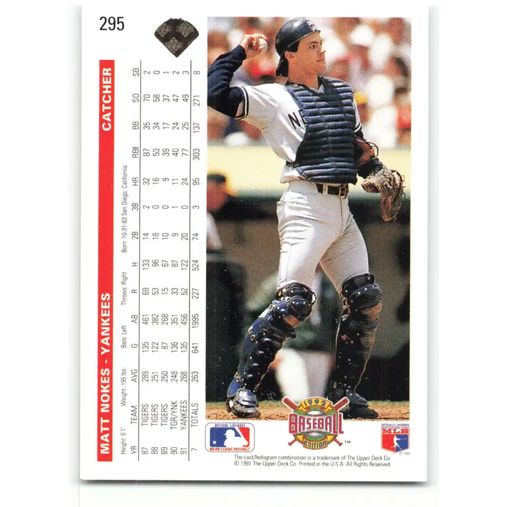 1992 Upper Deck #295 Matt Nokes NM-MT New York Yankees Baseball Card Image 2