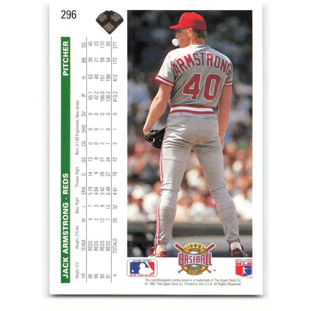 1992 Upper Deck #296 Jack Armstrong NM-MT Cincinnati Reds Baseball Card Image 2