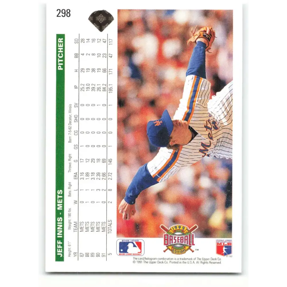 1992 Upper Deck #298 Jeff Innis NM-MT New York Mets Baseball Card Image 2
