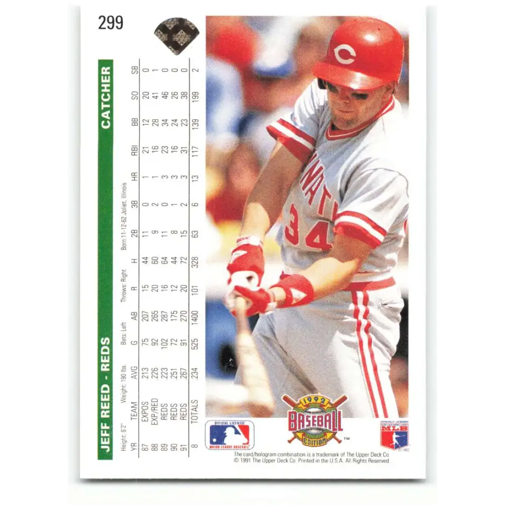 1992 Upper Deck #299 Jeff Reed NM-MT Cincinnati Reds Baseball Card Image 2