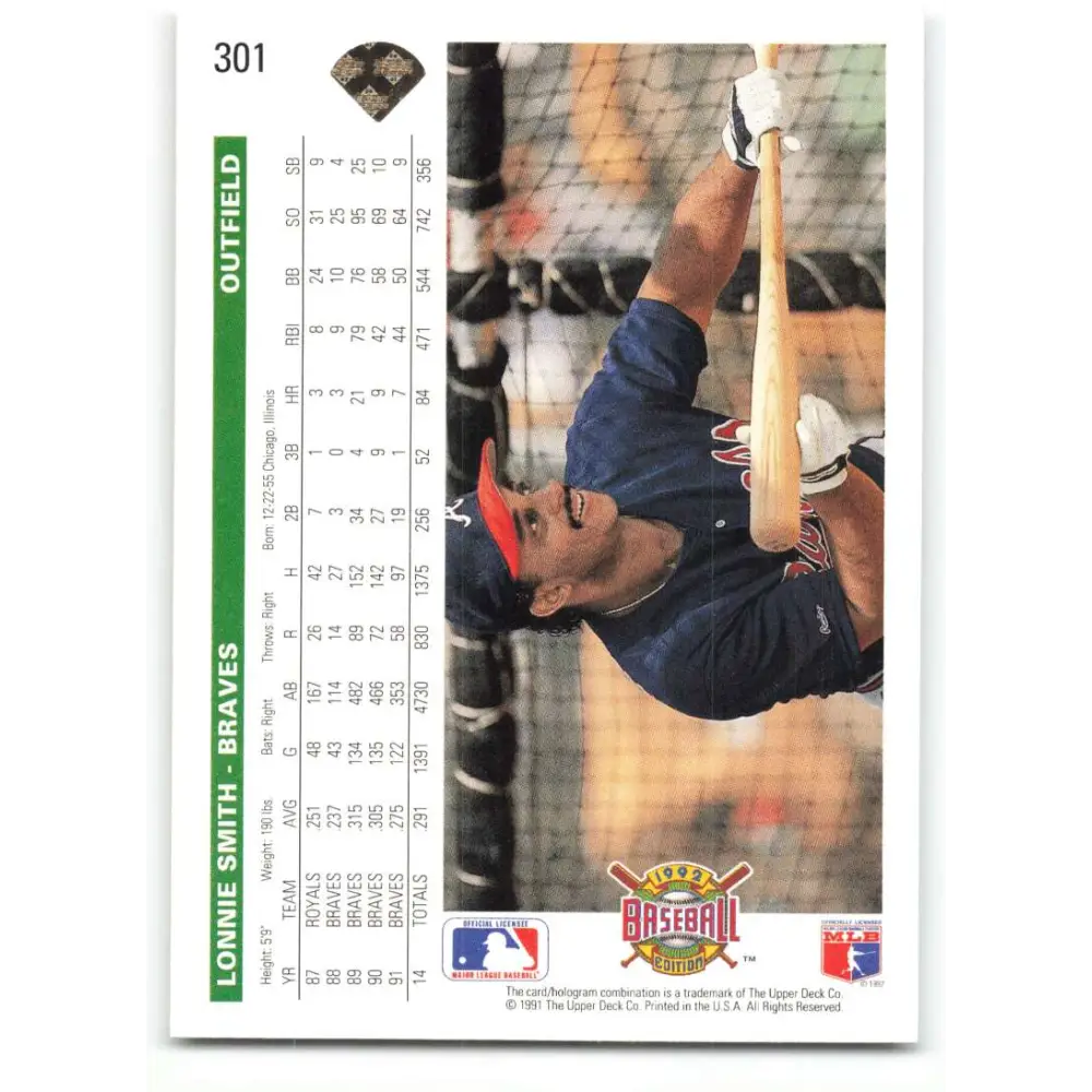 1992 Upper Deck #301 Lonnie Smith NM-MT Atlanta Braves Baseball Card Image 2