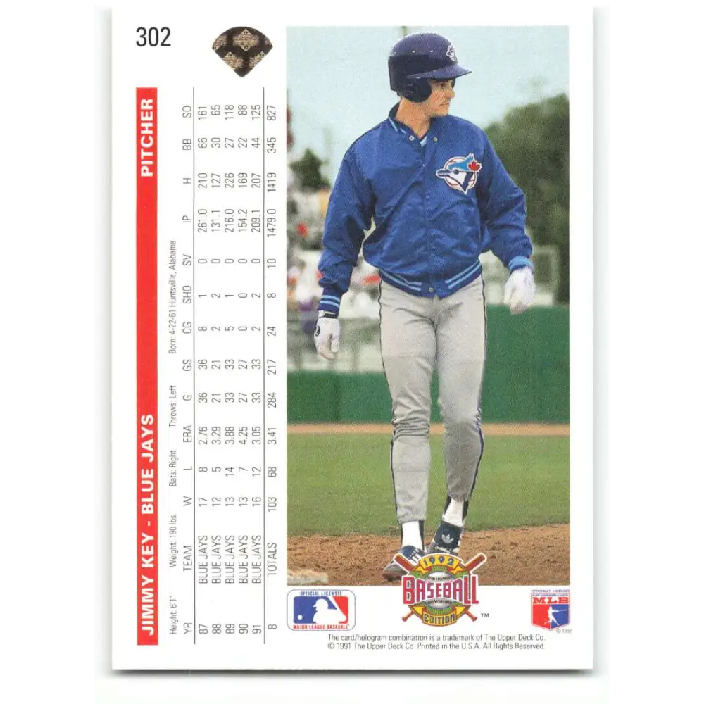 1992 Upper Deck #302 Jimmy Key NM-MT Toronto Blue Jays Baseball Card Image 2