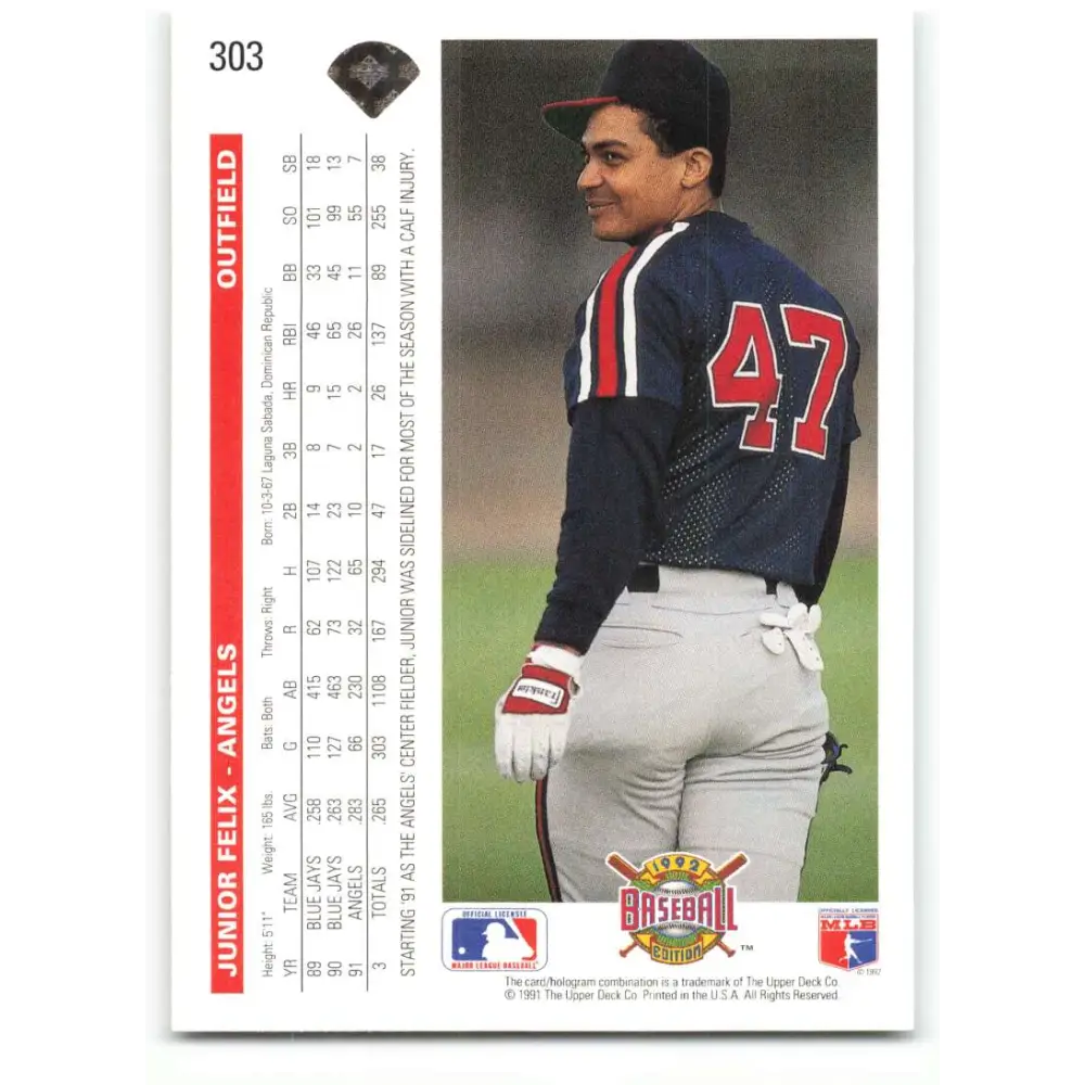 1992 Upper Deck #303 Junior Felix NM-MT California Angels Baseball Card Image 2