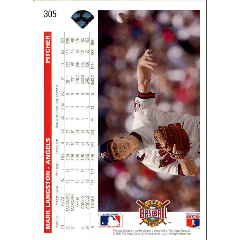 1992 Upper Deck #305 Mark Langston NM-MT California Angels Baseball Card Image 2
