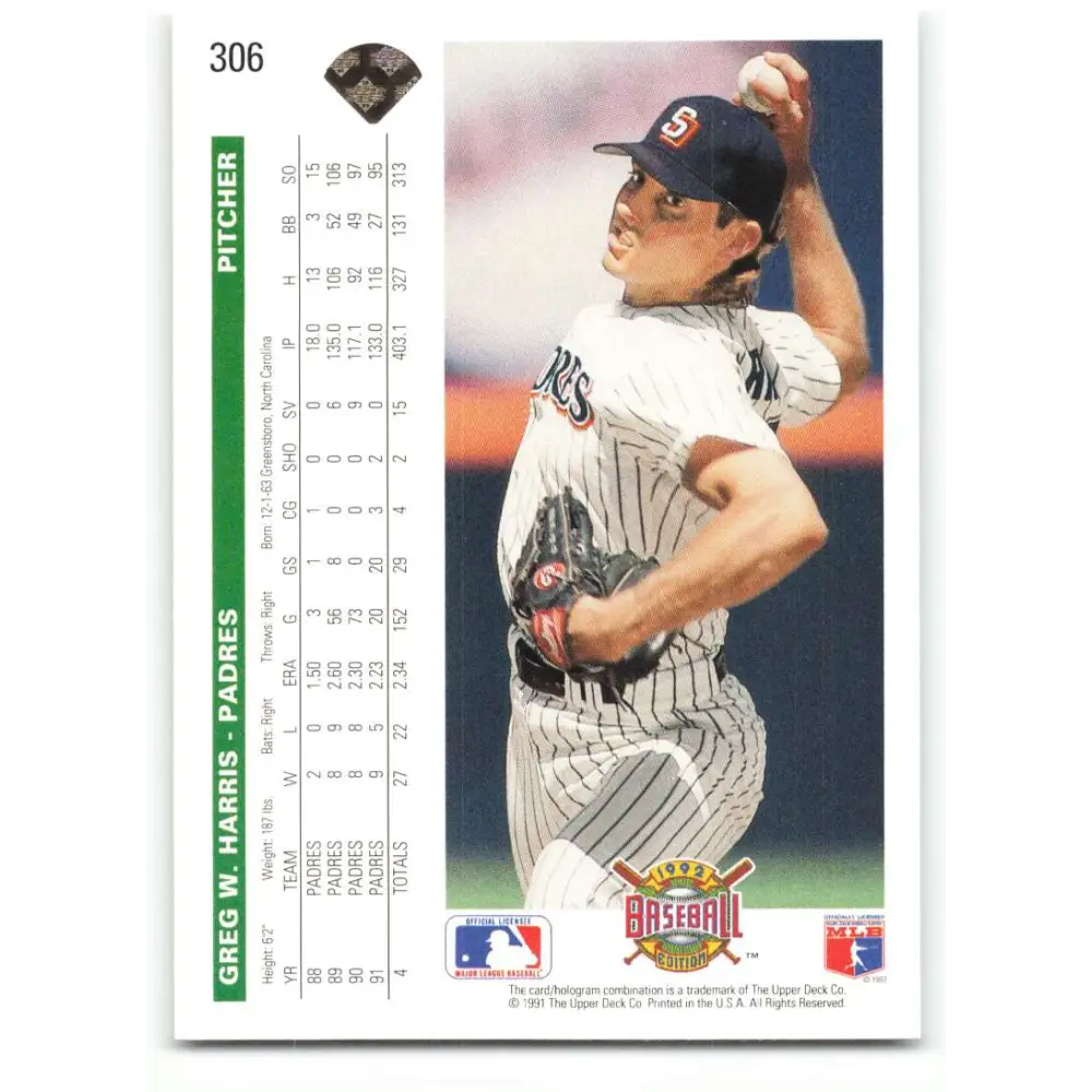1992 Upper Deck #306 Greg Harris NM-MT San Diego Padres Baseball Card Image 2