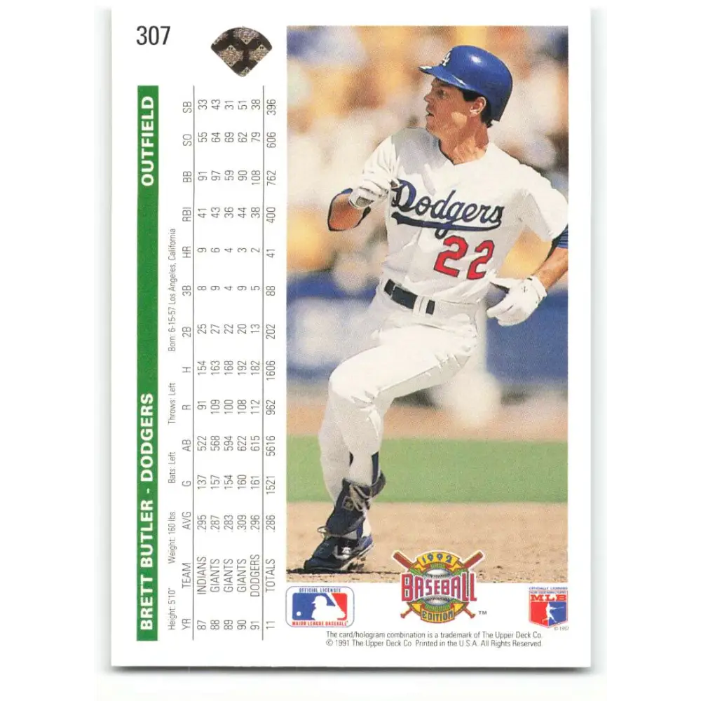1992 Upper Deck #307 Brett Butler NM-MT Los Angeles Dodgers Baseball Card Image 2