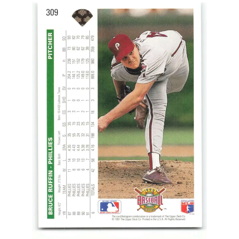 1992 Upper Deck #309 Bruce Ruffin NM-MT Philadelphia Phillies Baseball Card Image 2