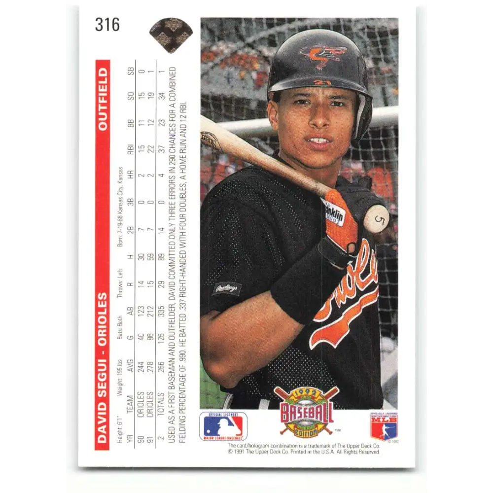 1992 Upper Deck #316 David Segui NM-MT Baltimore Orioles Baseball Card Image 2