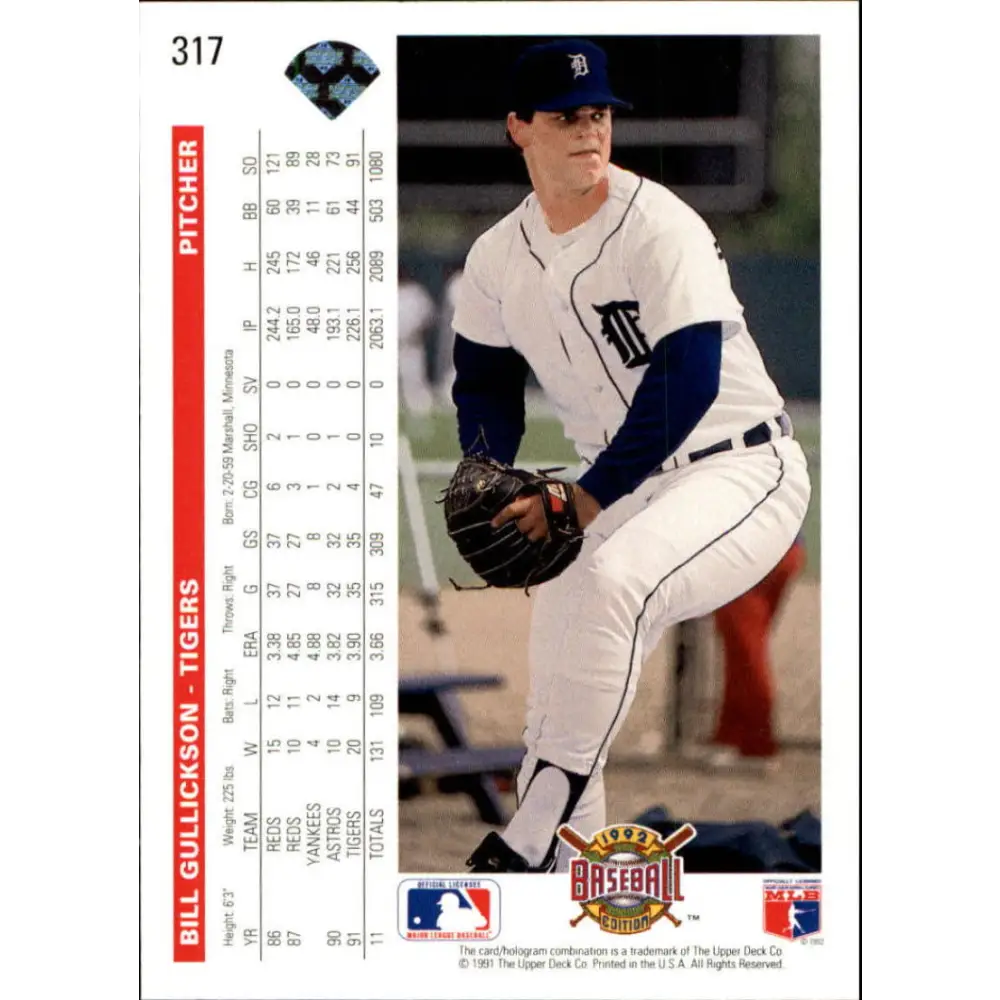 1992 Upper Deck #317 Bill Gullickson NM-MT Detroit Tigers Baseball Card Image 2