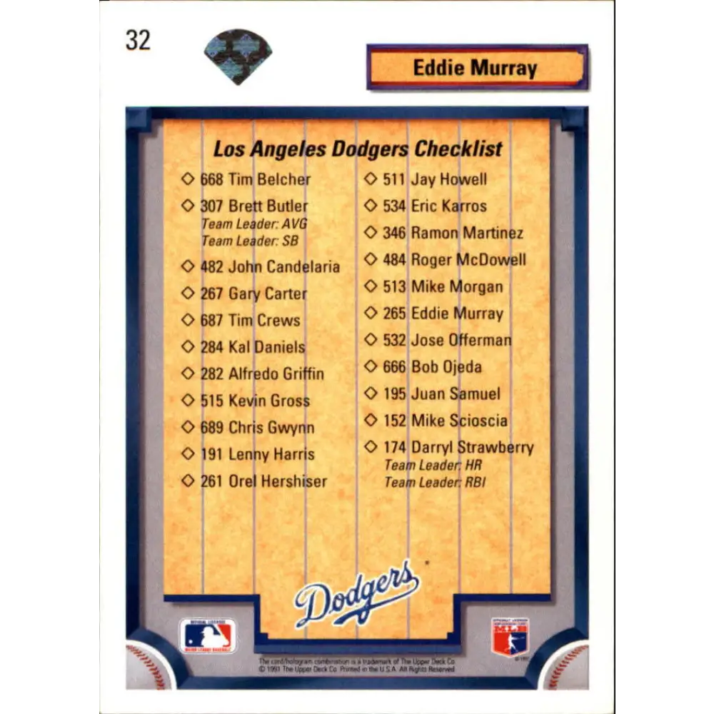 1992 Upper Deck #32 Eddie Murray TC NM-MT Los Angeles Dodgers Baseball Card Image 2
