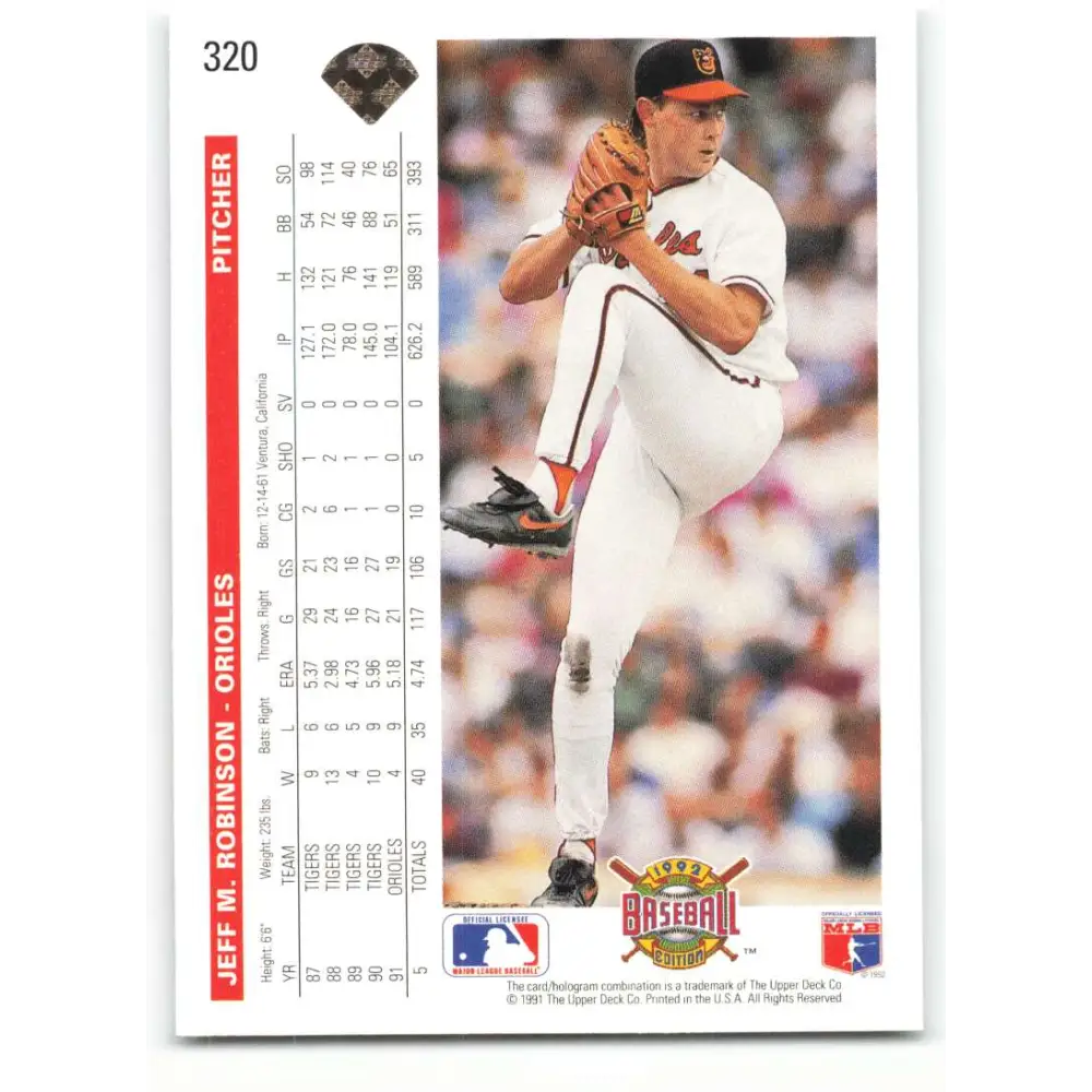 1992 Upper Deck #320 Jeff Robinson NM-MT Baltimore Orioles Baseball Card Image 2