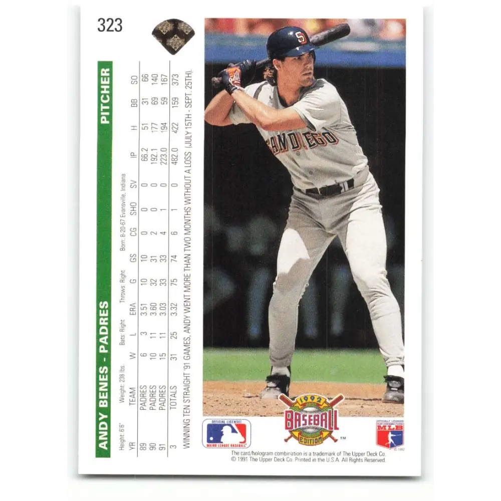 1992 Upper Deck #323 Andy Benes NM-MT San Diego Padres Baseball Card Image 2