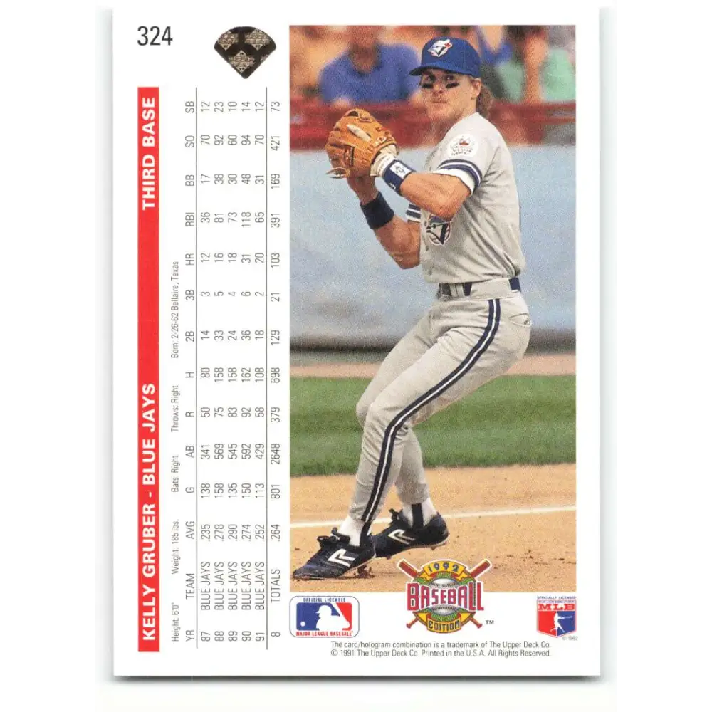 1992 Upper Deck #324 Kelly Gruber NM-MT Toronto Blue Jays Baseball Card Image 2