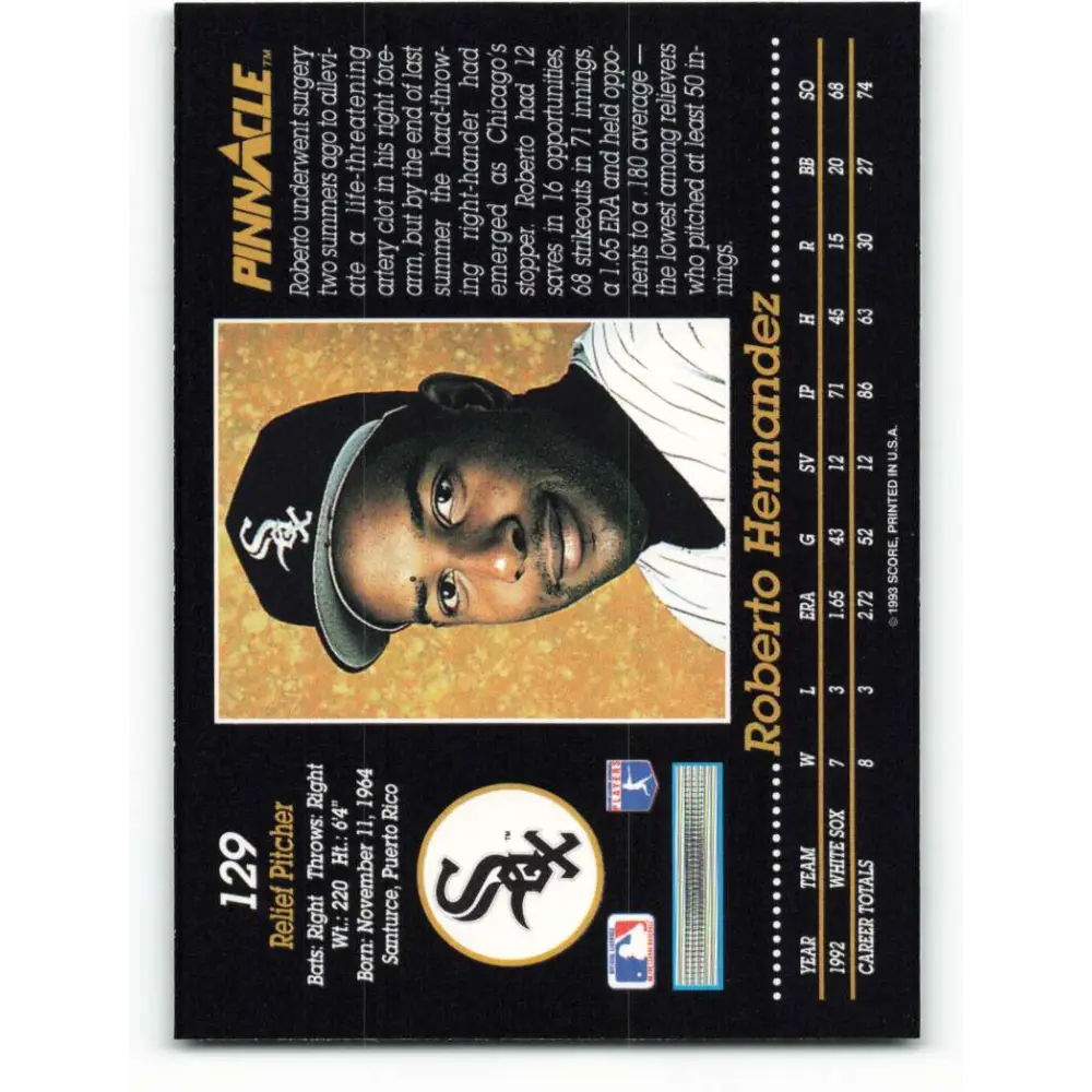 1993 Pinnacle #129 Roberto Hernandez NM-MT Chicago White Sox Baseball Card Image 2