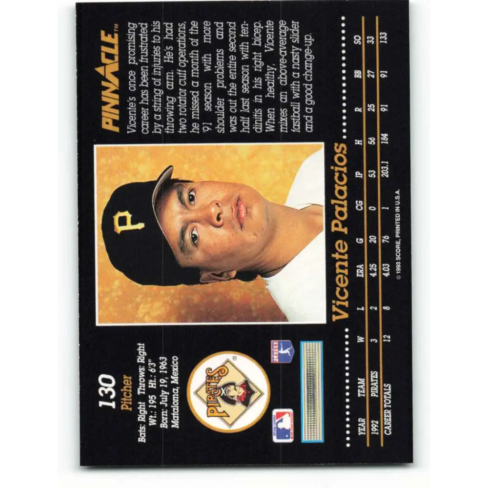 1993 Pinnacle #130 Vicente Palacios NM-MT Pittsburgh Pirates Baseball Card Image 2