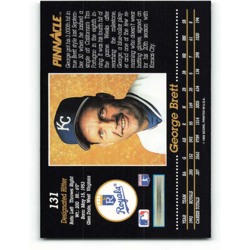 1993 Pinnacle #131 George Brett NM-MT Kansas City Royals Baseball Card Image 2